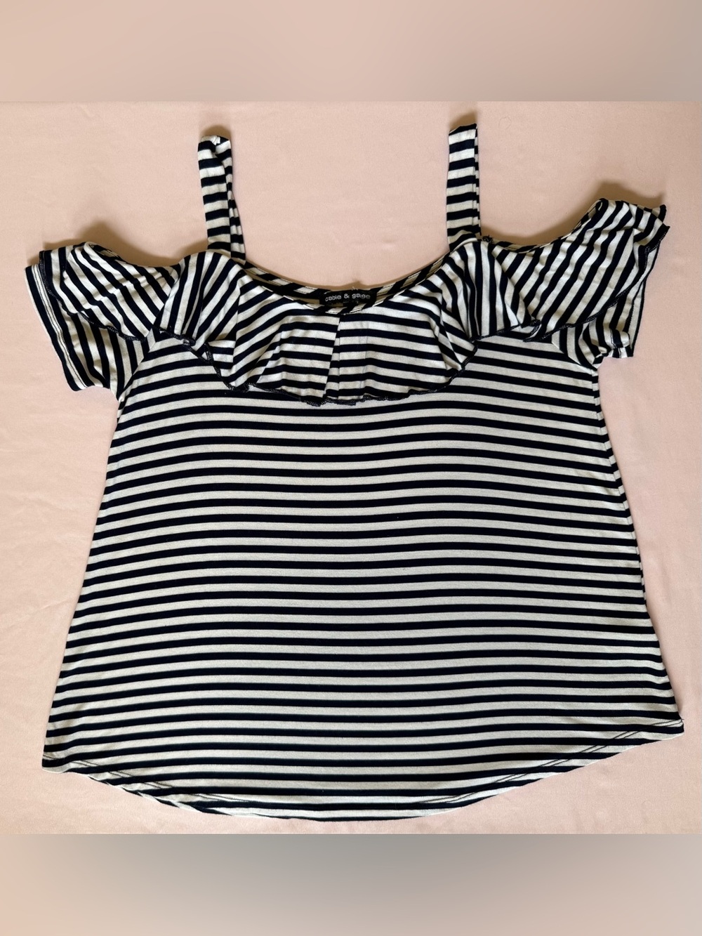 Cable and Gauge Navy and White Striped Cold-Shoulder Ruffle Cami